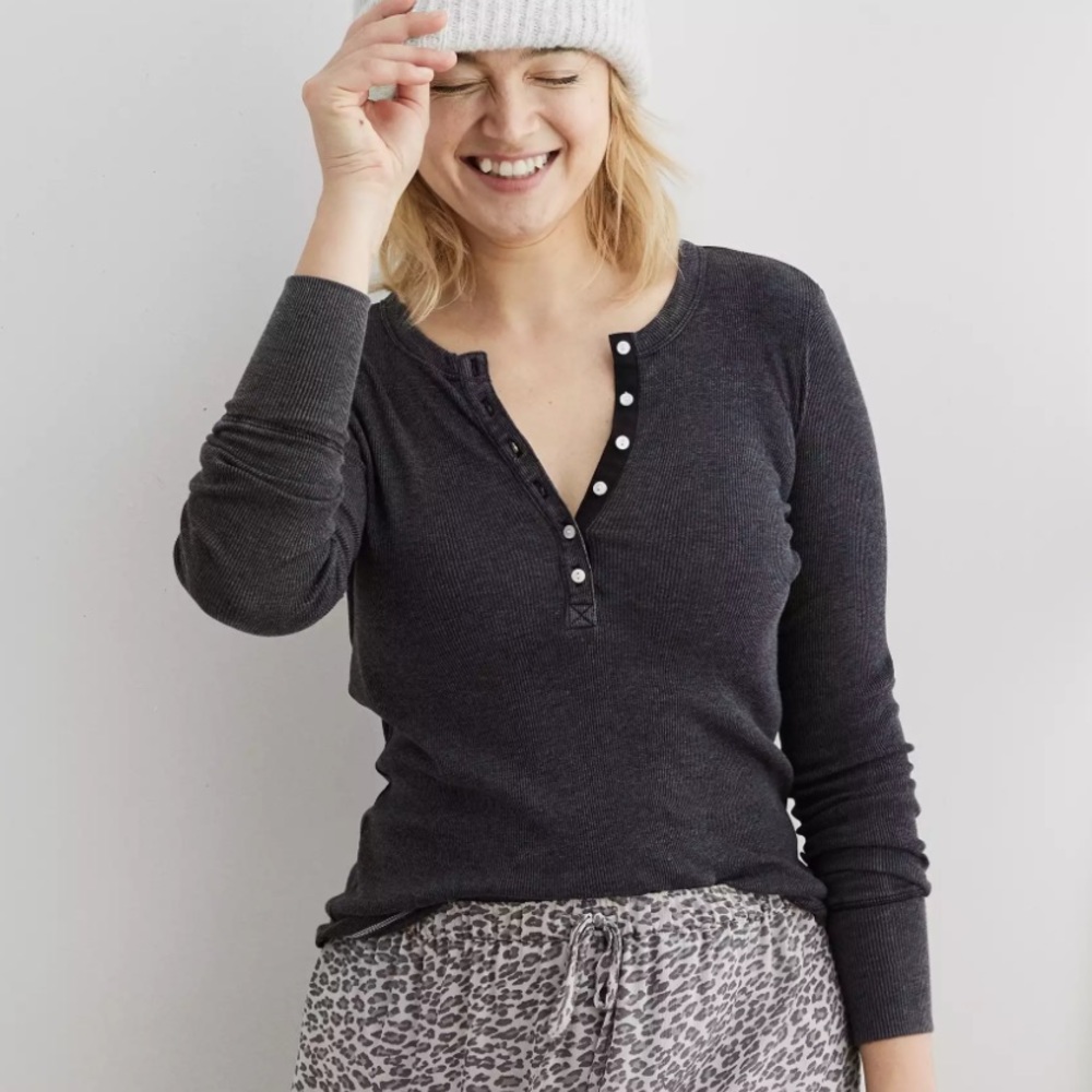 Aerie Real Soft Long Sleeve Henley Black XS